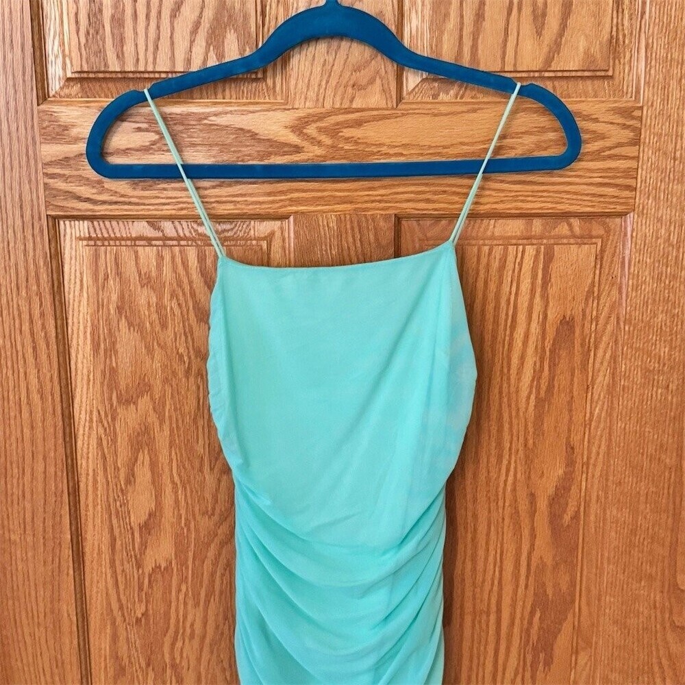 Hello Molly Dress Womens AU 10 US 6 Small Green Ruched Bodycon Mini Open Back - Picture 3 of 9